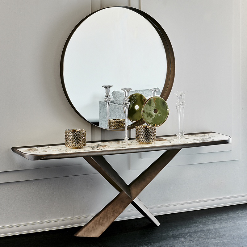 Итальянская x -образная основание из нержавеющей стали Современная роскошная консольная шкаф каменной мраморный консольный стол с зеркалом